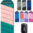 Cotton Flannel Lined Sleeping Bag for Adults Teens Kids, Cold Weather & Warm, 3 Seasons, Lightweight Compact Camping Essentials Equipment, Hiking, Outdoor, Travel (Green Pink)