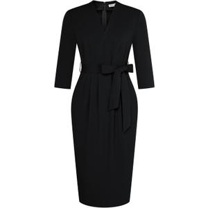 GRACE KARIN Womens Work Dresses V Neck 3/4 Sleeve Back Zipper Tie Waist Bodycon Dress Office Cocktail Dress with Pockets (Medium, Black)