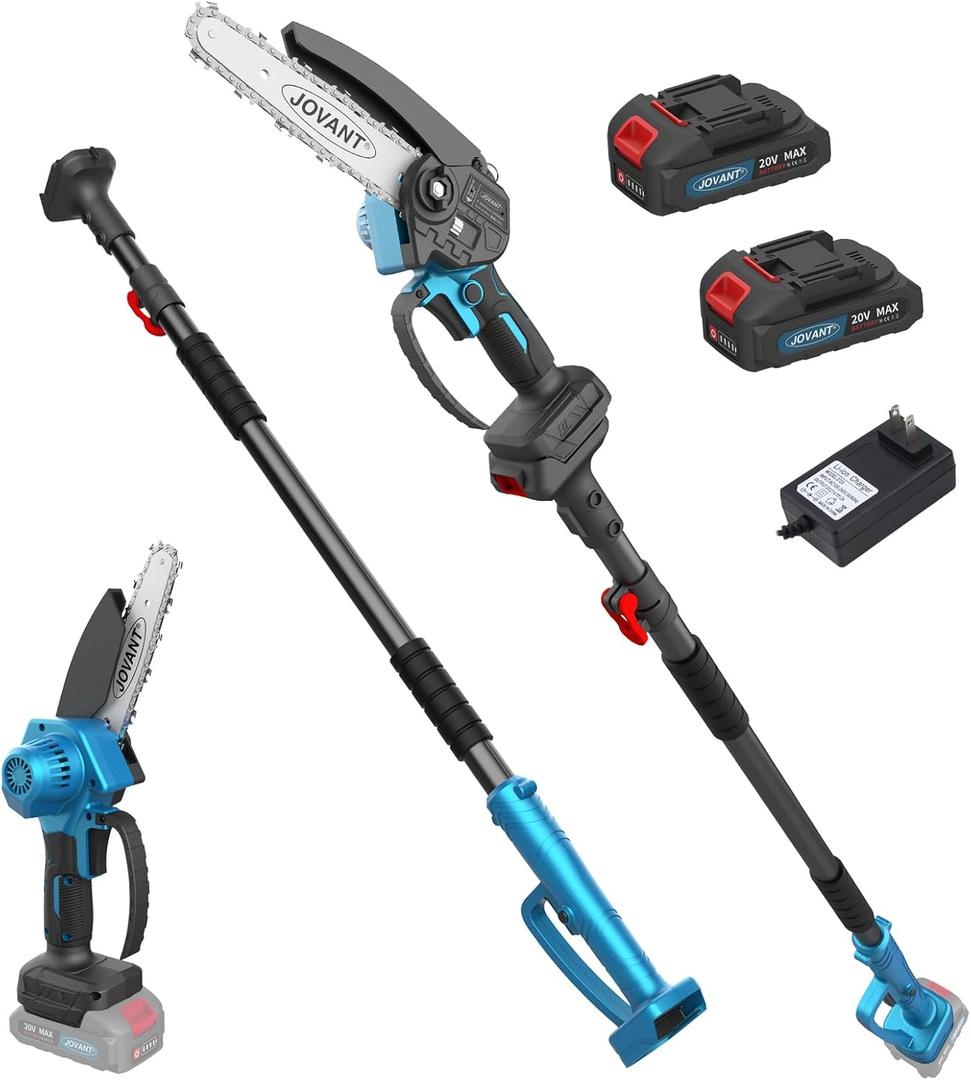 Electric Pole Saws for Tree Trimming, 6 Inch Mini Chainsaw Cordless 2-in-1 Pole Saw Battery Powered Tree Trimmer, Hand Held Chainsaw Long Bar Tree Branch Cutter, Wood Cutting Tools with 2 Batteries (Light Blue)