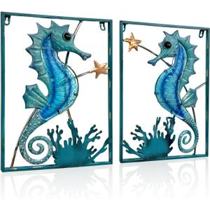 LIFFY Metal Wall Art Seahorse with Frame 13 LED lights, Beach Decor Fish Glass Sculpture Coastal Wall Hanging Ocean Theme Nautical Outdoor Decor for Patio, Garden, Yard, Pool, home gift(2pcs, Blue)