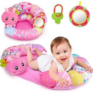 2 in 1 Baby Tummy Time Mat & Support Seated Pillow Infant Newborn Toys 0 1 2 3 4 5 6 Months Pink Caterpillar Sensory Developmental Playmat 0-6 3-6 12 Month Mirror Babies Girls Shower Valentines Gifts