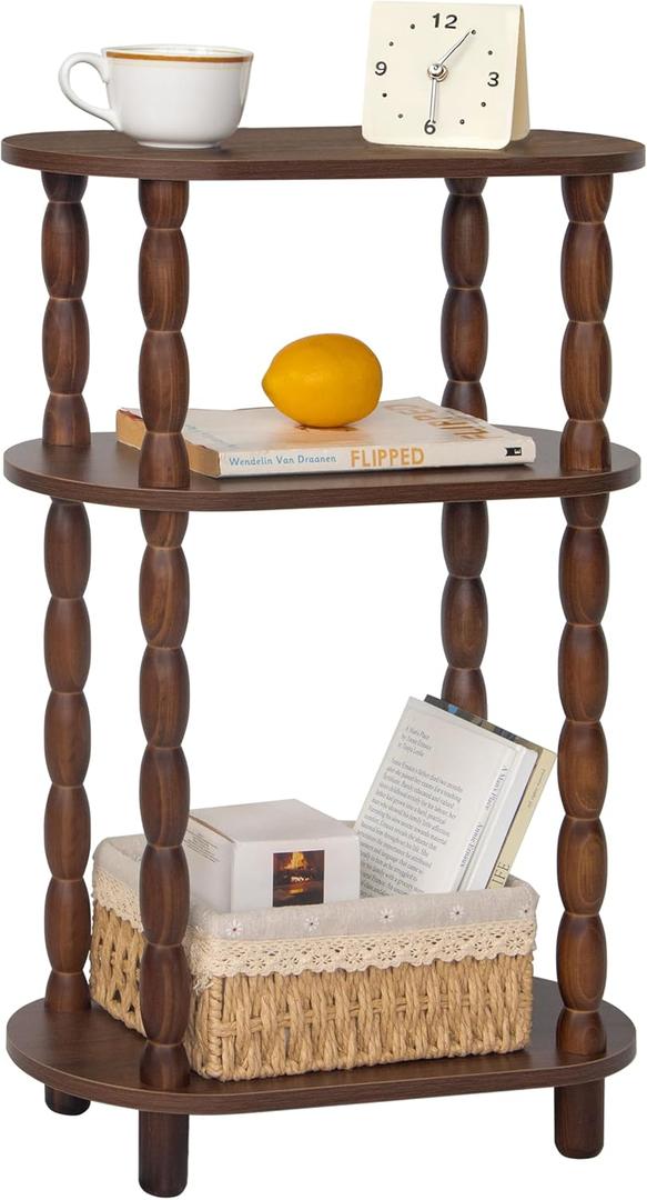 MaxSmeo Small Side Table, 3-Tier Narrow Small End Table with Storage, Skinny Bedside Table Nightstand, Bedrooms, Living Room (Walnut Brown)