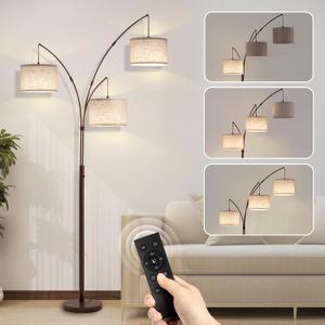 3 Light Arc Floor Lamps for Living Room, 2400LM Super Bright Floor Lamp with Remote Control, 80" Tall Floor Lamps with Stepless Dimmable, Mid Century Tree Floor Lamp for Bedroom, Office (Brown-Linen Shade)