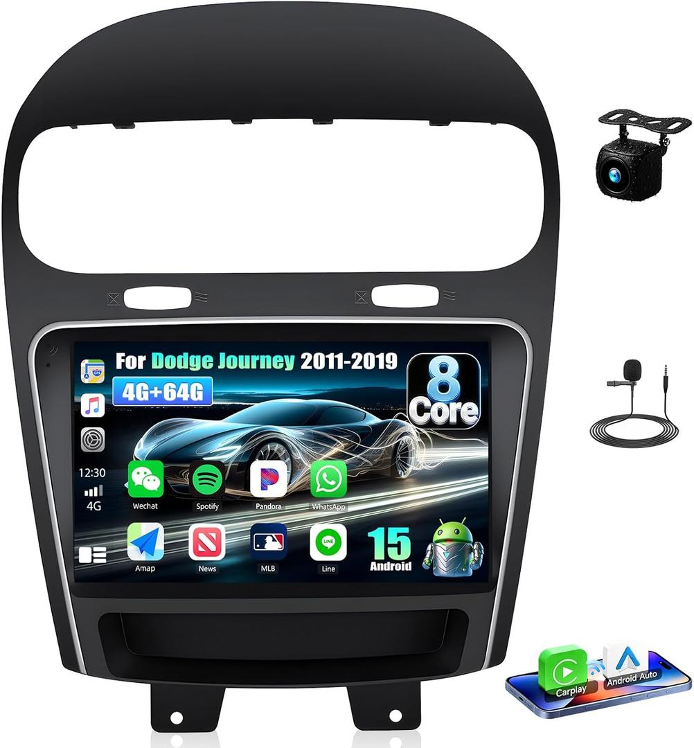 [8 Core 4G+64G] Car Radio for Dodge Journey 2011-2019 and for Fiat Freemont 2012-2014 with Wireless Carplay Android Auto,9'' Touchscreen Car Stereo with WiFi/GPS Bluetooth FM/RDS+AHD Backup Camera