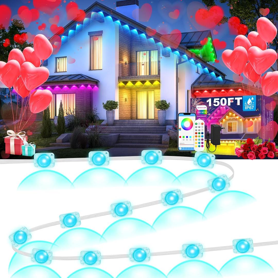 MUCCCUTE Permanent Outdoor Lights for Holidays Valentines 150ft RGB House Light w/App & Remote Control Smart Rainbow LED IP67 Waterproof for New Year Christmas Roof Eaves Garden Dcor All Year Around