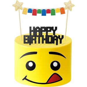 Building Blocks Cake Topper,Star Flag Banners Bunting Banner Cake Toppers 3D Print Birthday Cake Topper Character Face Design Party Supplies Decorations for Boys Girls