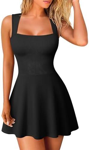 OQQ Women's Square Neck A-line Dress Sleeveless Tank Top Stretch Flare Mini Dresses, Size: XL