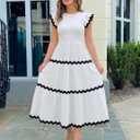 ZESICA Womens Summer Casual Smocked Flowy Midi Dress | Crewneck,Flutter Short Sleeve Dress,High Waist Tiered Dress,Flowy A Line Dress,Travel Vacation Party Church Dress,Work Dress (L)