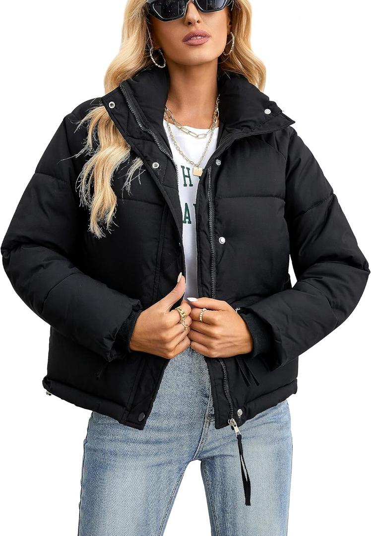 Womens Cropped Puffer Jacket Full Zip Quilted Jackets Warm Winter Coat Outerwear with Pockets (Medium, 12-black)