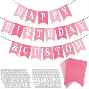 Mooliwe 171 Pcs DIY Custom Banner Kit Make Your Own Customizable Sign for Birthday Wedding Party Decoration Include 20 Paper Pennant 148 Letters and Numbers 1 Rope 2 Threading Device (Pink)