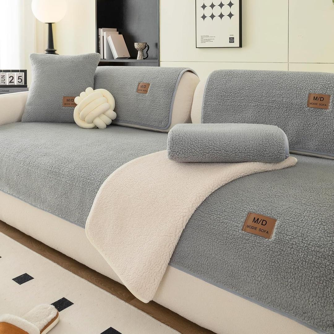 Sherpa Fleece Sofa Cover, Plush Sherpa Fleece Sofa Couch Covers, Funny Fuzzy Couch Covers, Sectional Non Slip Sofa Slipcover Furniture Protector for Pets, Light Grey(36"x 71"), Only 1 Pcs