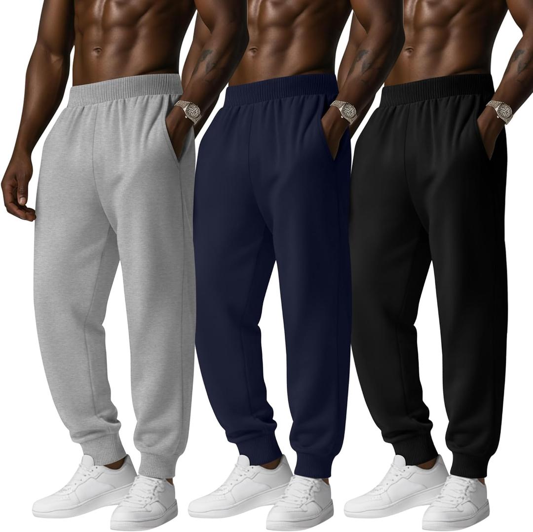 Evervibe 3 Pack Men's Big and Tall Joggers Baggy Sweatpants Casual Lounge Workout Athletic Plus Size Pant with Pockets (4X-Large, Black, Navy Blue, Light Gray)