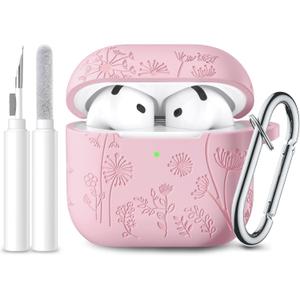 Lerobo for Airpods 4 Case Cover with Cleaner Kit, Cute Flower Engraved Silicone Protective Case Cover with Keychain Compatible with Apple Airpods 4 Case 2024 for Women and Girls, Pink