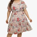HBEYYTO Women's Plus Size Floral Print Boho Beach Dress Casual Ruffle Sleeve Elastic Waist Swing Chiffon Sundress, 2X