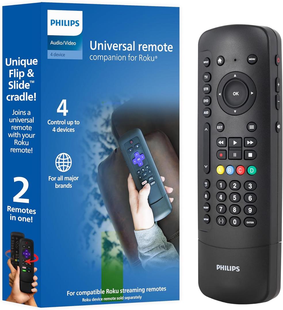 Philips Universal Companion Remote Control for Samsung, Vizio, LG, Sony, Roku, Apple TV, RCA, Panasonic, Smart TVs, Streaming Players, Blu-ray, DVD, 4 Device, Flip & Slide Roku, Black, SRP2024R/27