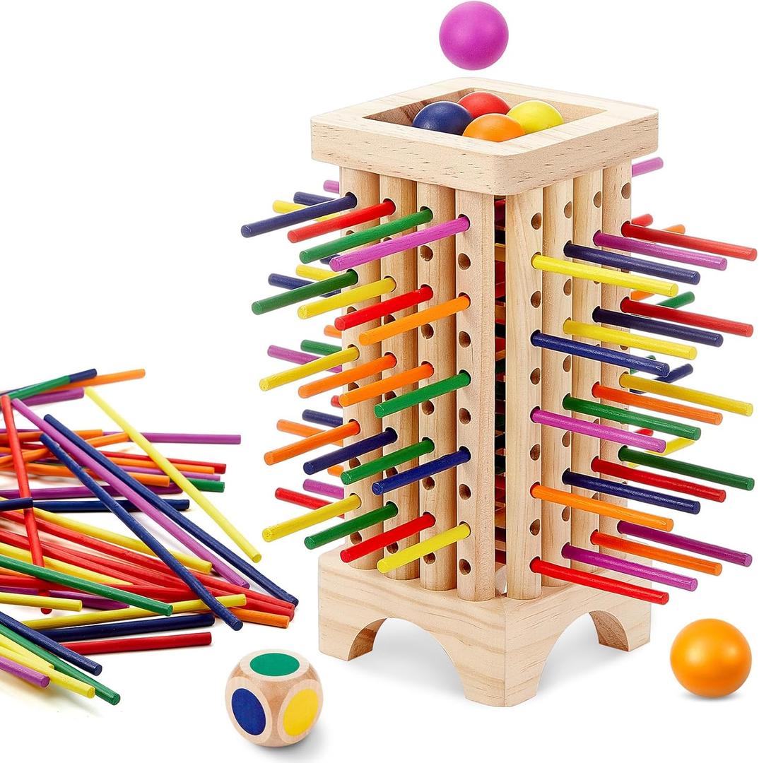 Montessori Wooden Board Game with Colorful Sticks, Dice & Balls, Math & Counting Educational Toy for 3-6 Year Olds, Motor Skills for Family & Travel, Fun Gift for Game Night(Square)