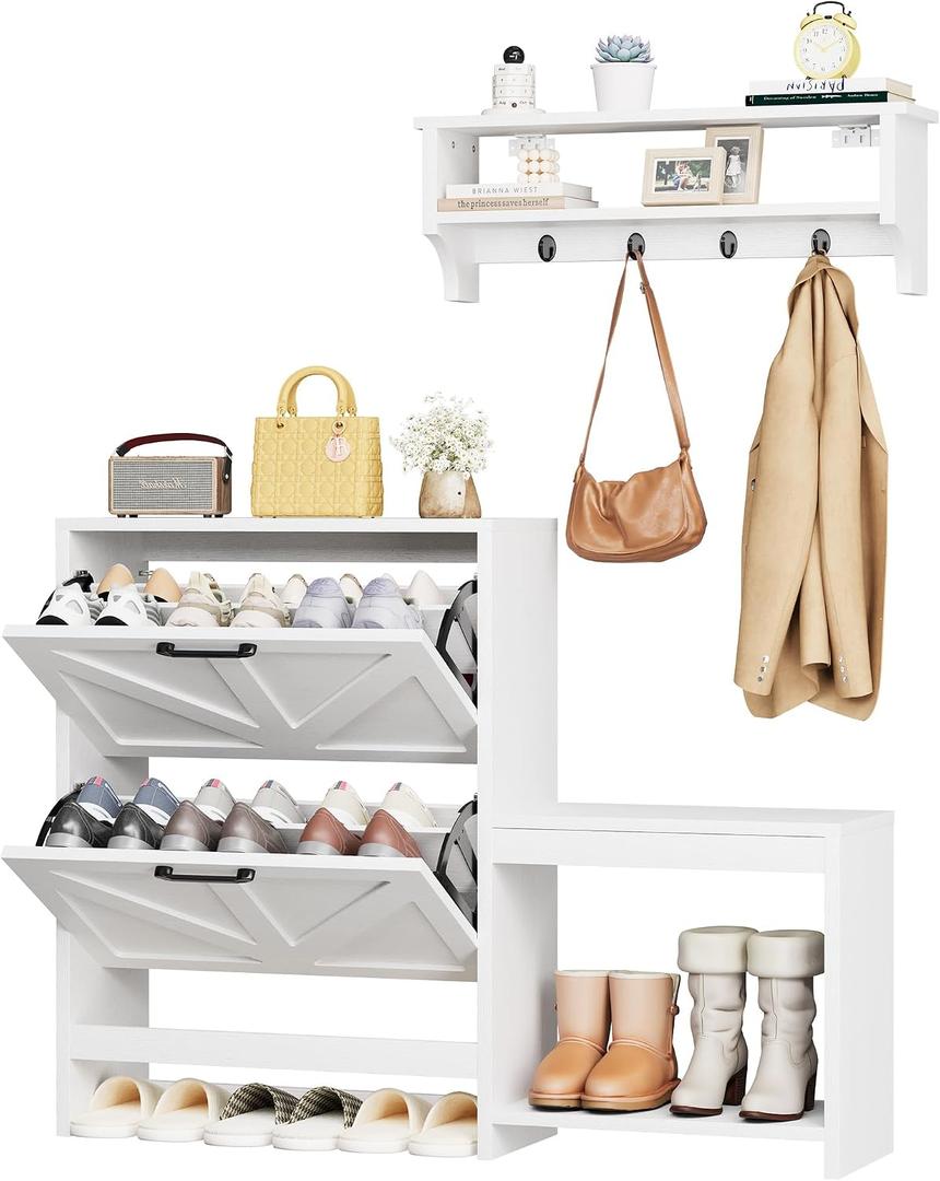 Homeiju Shoe Storage Cabinet Organizer with 2 Flip Drawers, Freestanding Narrow Shoe Rack for Entryway, Shoe Bench, Wall Ledge Shelf, Coat Hooks & Anti-Tip Safety for Kids & Pets – White, Large