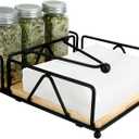 Napkin Holder, Flat Table Napkin Holder for Salt and Pepper Shakers, Metal Napkin Holders with Weighted Arm & Wooden Base for Kitchen Countertop (Black)