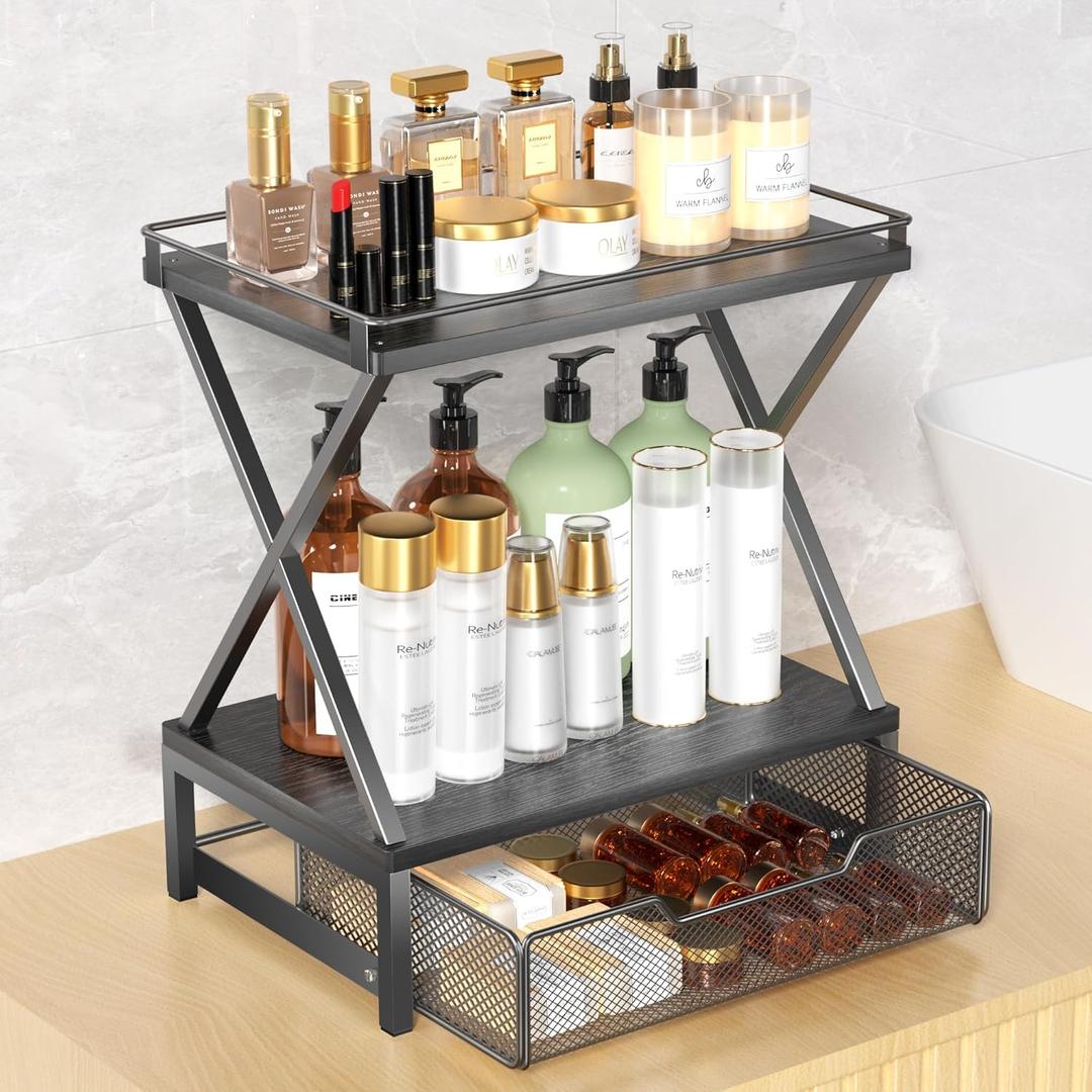 2 Tier Bathroom Counter Organizer with Drawer, Wood Vanity Bathroom Organizers and Storage for Perfume Skincare, Organizer Countertop Shelf for Bath Vanity Bedroom Kitchen Storage (Black)