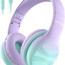Voopwink USB Type C Kids Headphones, Wired Headphones for Kids with Microphone 85/94dB Volume Limit, Stereo Sound Portable Over Ear Headphones for School/Travel/Tablet/iPad, Green Violet