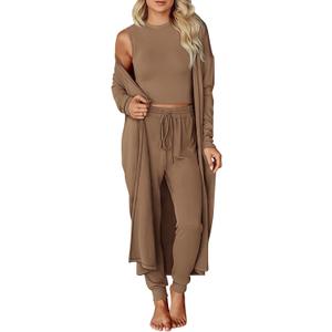 KIRUNDO 3 Piece Lounge Sets for Women Airport Travel Vacation Outfits 2025 Fall Cardigan Matching Sleeveless Top Jogger Pants (Large, Khaki)