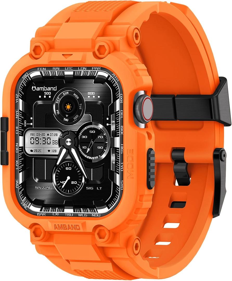 amBand Bands Compatible with Apple Watch 9/8/7 45mm, M1 Sport Series Rugged Case with TPU Strap Military Protective Tough Cover Bumper for iWatch SE3/SE2/SE/6/5/4 44mm Men Orange
