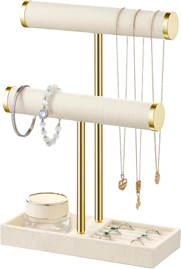 bussdis 2 Tier Bracelet Holder Display - Detachable T Bar Beige Velvet Bracelet Holder, Jewelry Holder Organizer for Bracelet, Necklace, Earrings, Rings