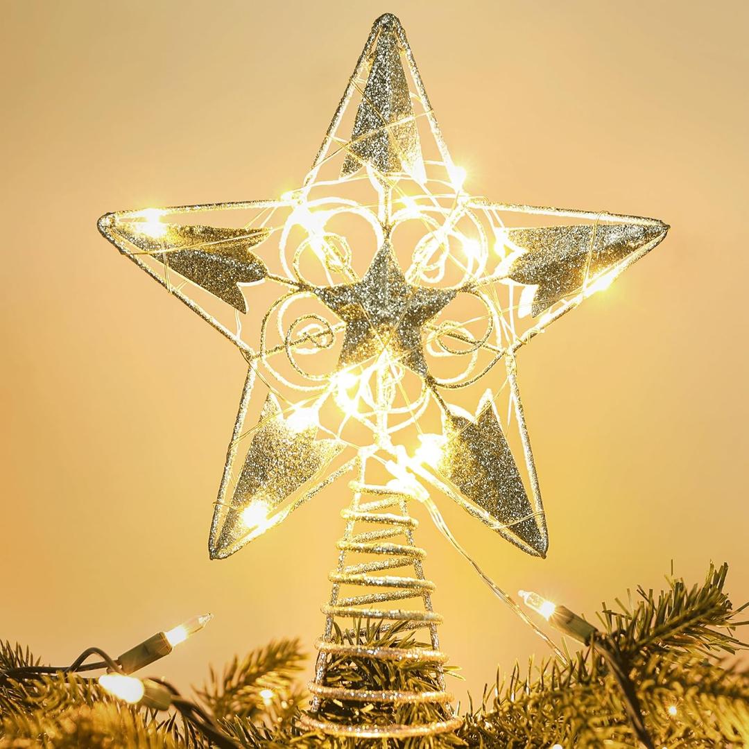 Brizled Silver Star Tree Topper Lights, 8"Hollow-Out Christmas Star Treetop with 20 LED Warm White Lights, Battery Powered Christmas Tree Top Star for Xmas Tree Indoor Party Home Office Decoration