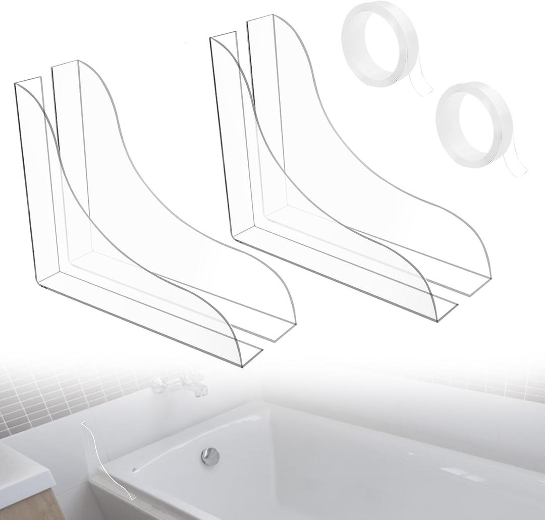 4 Pack/ 2 Pairs Acrylic Shower Splash Guard Clear Bath Tub Splash Guard Bathtub Corner Splash Guard with Adhesive for Fixing, Keep Water in Shower