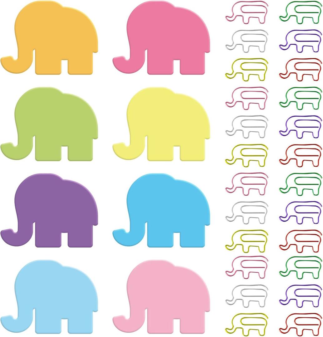Gueevin 240 Sheets Sticky Notes and 60 Pcs Cute Paper Clips Set Creative Self Stick Note Pads Colorful Memo Pad Cute Animal Lover Gift(Elephant)