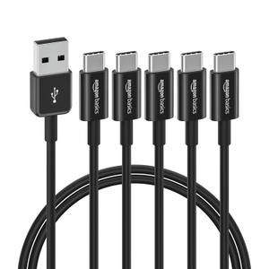 Basics 5-Pack USB-C to USB-A 2.0 Fast Charger Cable, 480Mbps Speed, USB-IF Certified, for Apple iPhone 16/15, iPad, Samsung Galaxy, Tablets, Laptops, 3 foot, Black