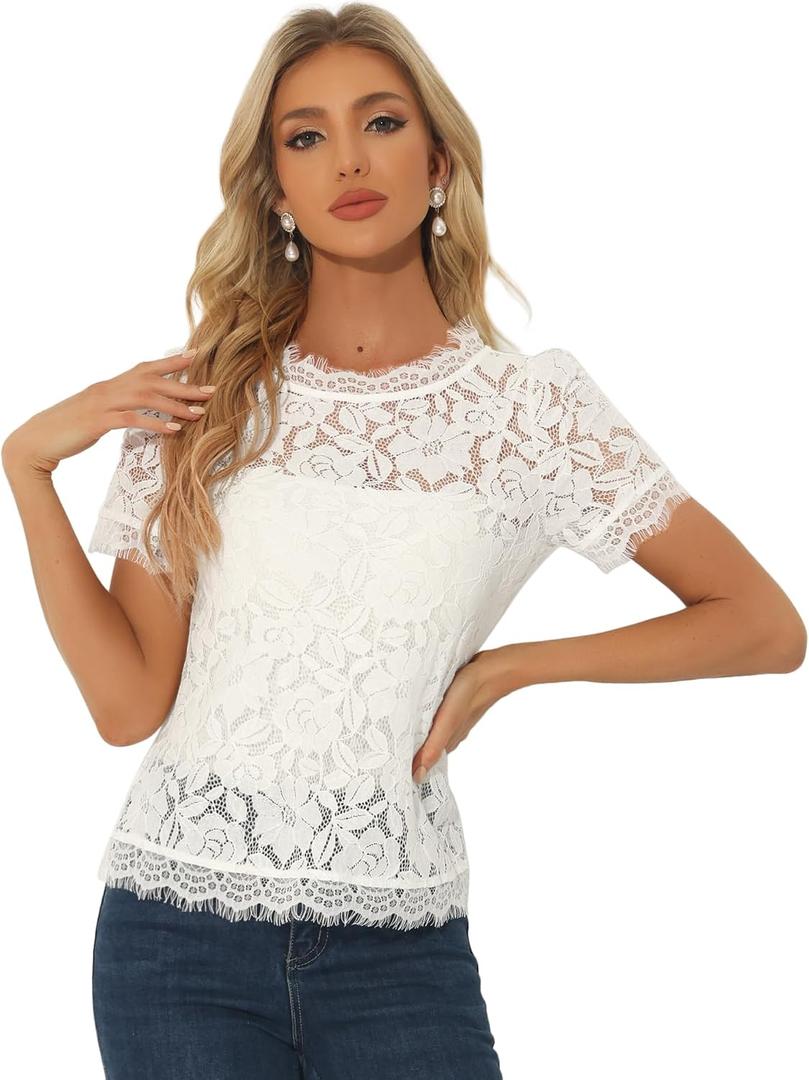 Allegra K Women's Lace Top Summer Floral Scalloped Trim Short Sleeve Semi Sheer Tops (White, S)