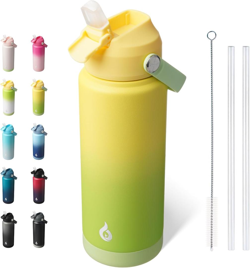 BJPKPK Water Bottle with Straw Lid, 24oz Vacuum Insulated Water Bottles, Metal Stainless Steel Thermo for Sports, Travel, BPA Free Leak Proof Thermo, Cups, Flasks, Tumblers,Fresh Green