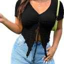 OYOANGLE Women's Plus Size Drawstring Front Lettuce Trim Asymmetrical Hem Tee V Neck Short Sleeve Tops Black, 4XL