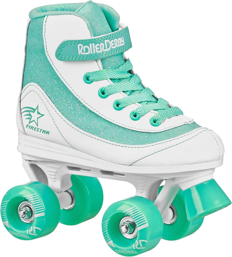Roller Derby Firestar Youth Skates for Girls, Boys, Beginners, Kids (2, White/Mint)