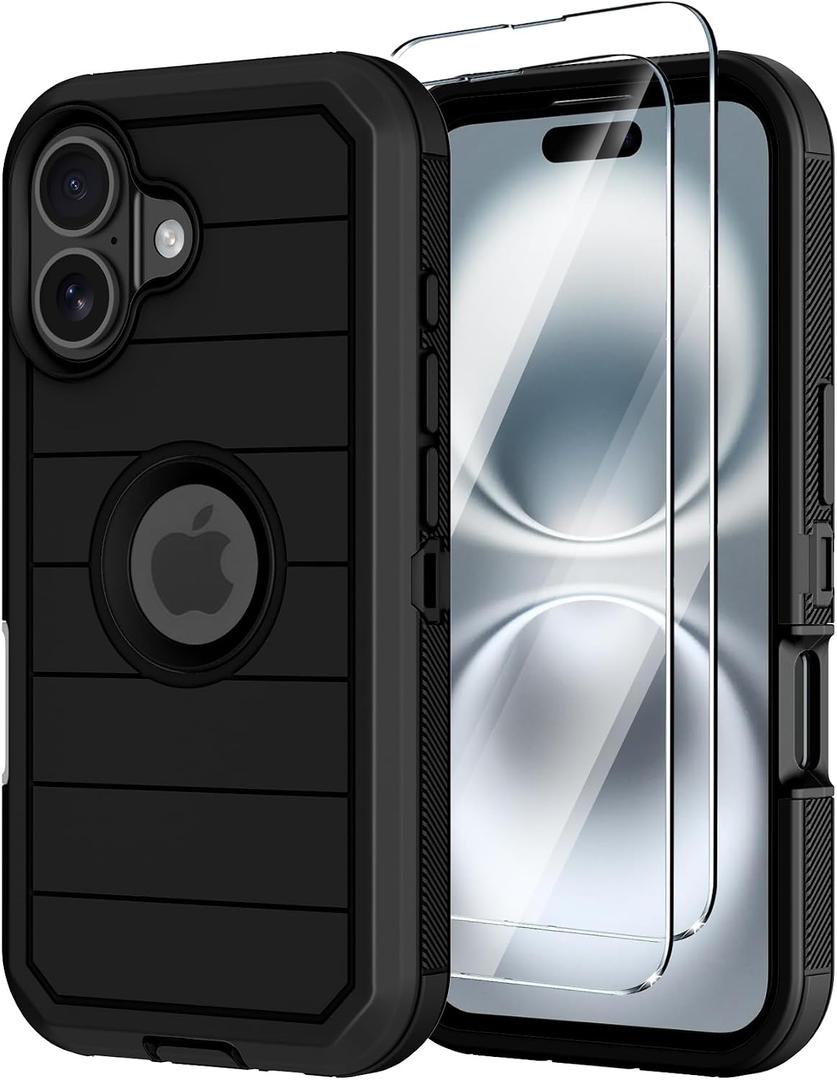for iPhone 16 Case with Screen Protector,Heavy Duty 3-Layer Military Grade Drop Protection Cases,Full Body Shock-Absorbing Dust Proof Rugged Bumper Phone Cover for Apple 16 6.1" (Black)