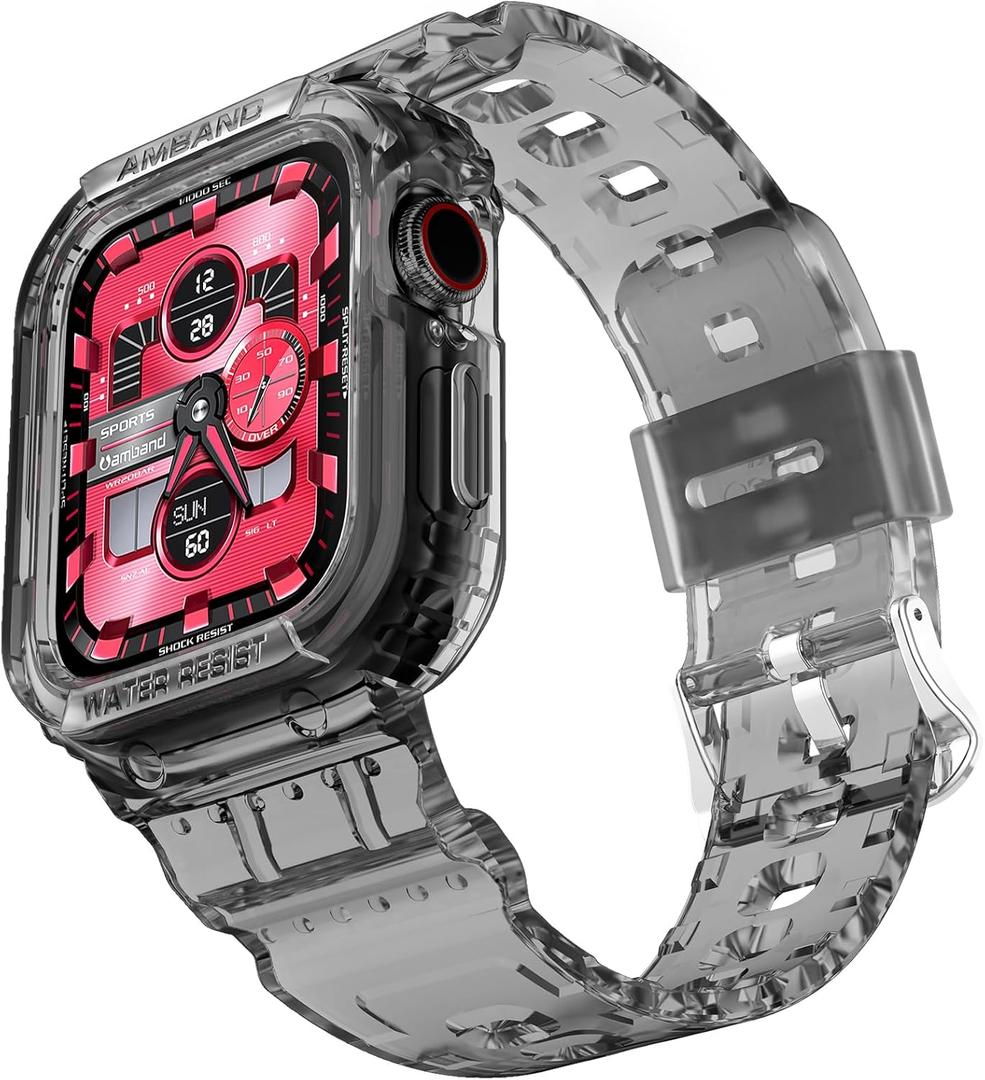 AmBand E1 Rugged Band & Case for Apple Watch Compatible with Series 111, SE3/SE2/SE and Ultra 3/2/1, Lightweight Shockproof Design (Crystal Black), Size: 38mm/40mm/41mm - Series 1-9 & SE