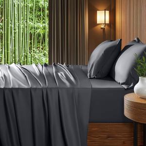 Shilucheng Extra Deep Pocket King Sheets, Blend Rayon Derived from Bamboo, Cooling & Breathable Bed Sheets Fits 18"-24" Thick Mattress, Hotel Silky Bedding Set, Dark Grey