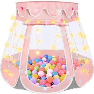 Crayline Pop Up Princess Tent with Star Light, Toys for 1 2 3 Year Old Girl Birthday Gift, Ball Pit for 12-18 Months Baby Girl Toys, Toddler Gifts, Easy to Pop Up and Assemble (Pink Gray)