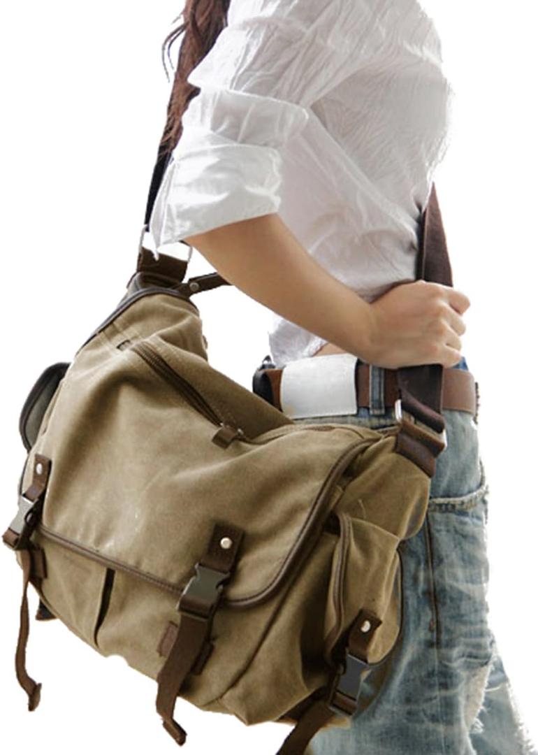 [Upgraded] Vintage Canvas Messenger Bag 13 15.6 17 inches Large Book Laptop Shoulder Bag Women Men New (Beige, X-Large)