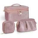 Wedama Makeup Bag Gift for Women, Double-layer Cosmetic Bag with Jewelry Storage and Brush Holder 3 Pcs Velvet Makeup Organizer Bag Gift Set Travel Toiletry Bag for Women Girls, Pink