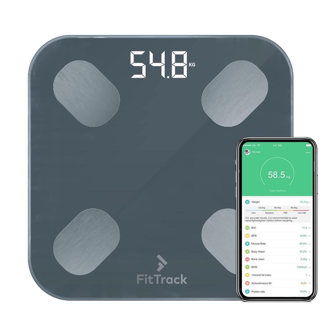 FitTrack Dara Smart BMI Digital Scale - Measure Weight and Body Fat - Most Accurate Bluetooth Glass Bathroom Scale (Black)