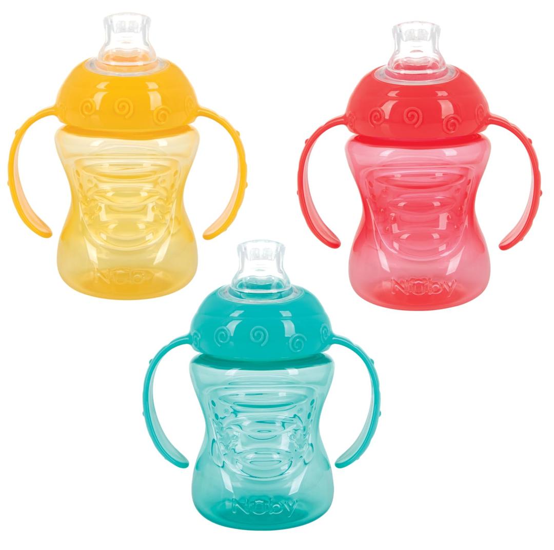 Nuby 3 Pack Two Handle No Spill Toddler Sippy Cups - Toddler Cups Spill Proof with Easy and Firm Grip - Aqua, Yellow, Coral