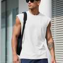 Mens Gym Tank Tops Sleeveless Shirts Cut Off Quick Dry Muscle Shirt Running Beach Loose Fit Tee (White, L)