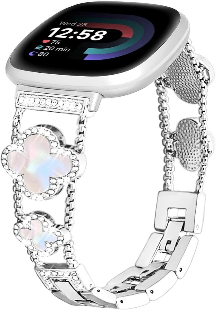 for Metal Bands, Compatible with Fitbit Versa 4/Versa 3/Fitbit Sense 2/Sense Band Smart Watch, Diamond Four Leaf Clover Stainless Watch Strap for Women (Iridescent/Silvery)