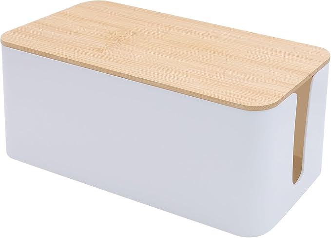 1 Pack Large Cable Management Box – Wooden Style Cord Organizer and Cover for TV Wires, Computer, Router, USB Hub and Under Desk Power Strip – Safe ABS Material and Baby-Pets Proof Lock (White)