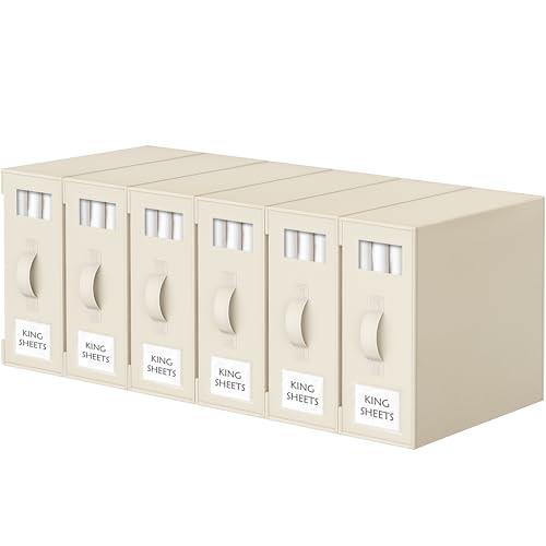 Criusia Bed Sheet Organizers and Storage, 6 Pack Foldable Linen Closet Organizer Box – Bedding Holder for Sheet Set (King/Queen Sizes), Duvet Covers, Blankets (Beige)