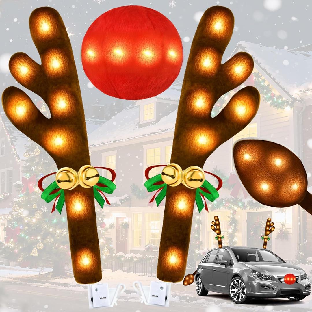 Christmas Car Decorations Reindeer Car Kit Antlers 2025, Jingle Bells Rudolph with Lights Reindeer and Nose, Tail Cute Costume Auto Accessories for Trunk Vehicles SUV Warm White