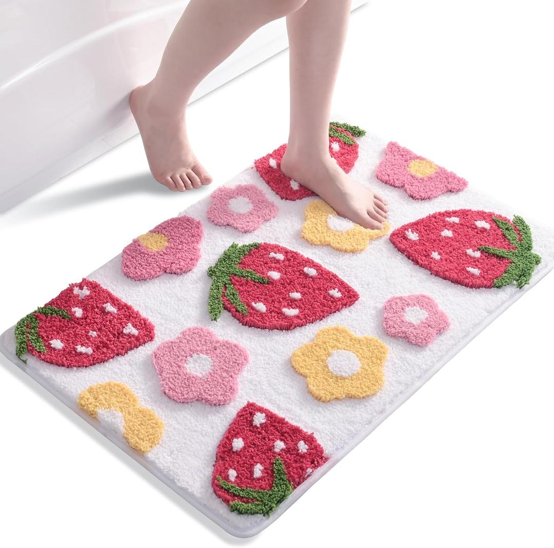 Anybar White Bathroom Rug Cute Strawberry Bath Mat Coloful Bathroom Decor, Funny Flower Rugs Non Slip Floor Mat, Machine Washable Bath Rug Soft Microfiber Carpet for Shower, Tub (18x25 inch)