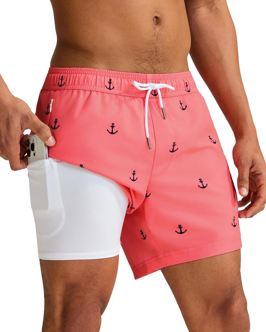 maamgic Mens Swim Trunks with Compression Liner 5 Inch, Quick Dry Bathing Suit with Zipper Pockets, No-Chafing Swim Shorts (Large, Pink-anchor)